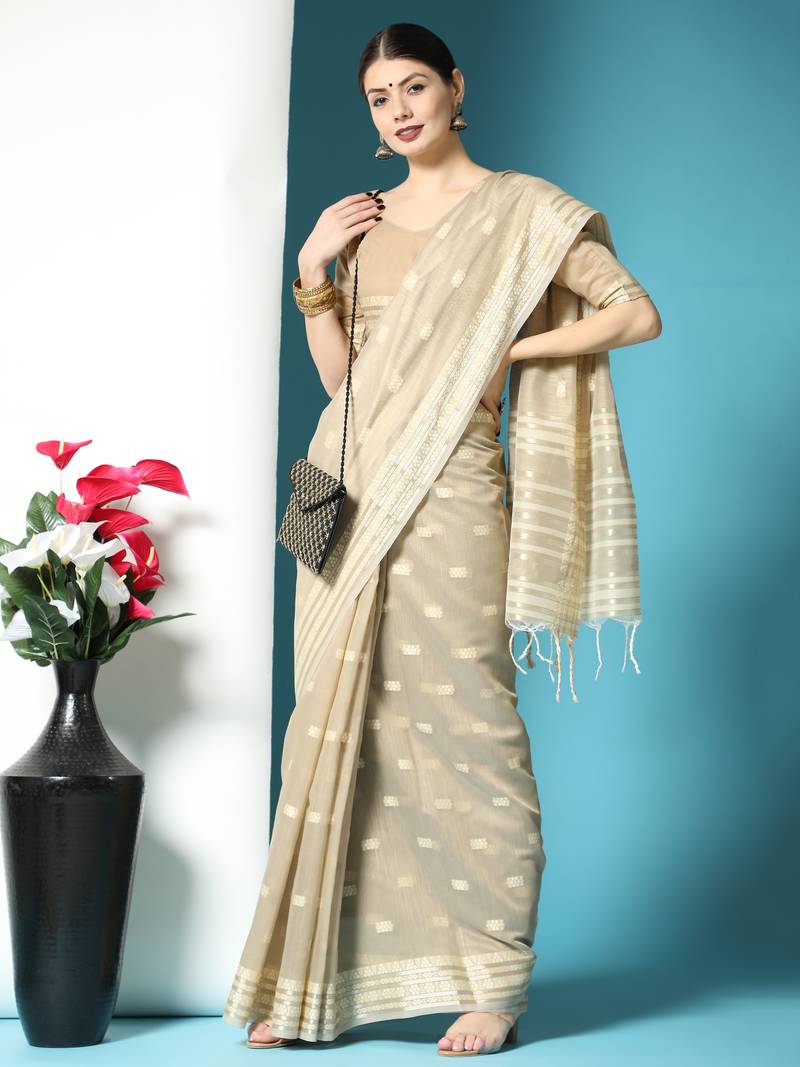 CREAM CHANDERI CHIKANKARI PRETTY SAREE