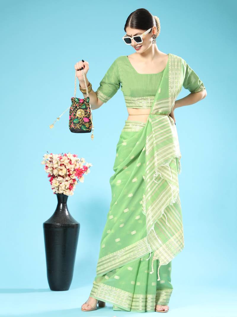 LIGHT GREEN CHANDERI CHIKANKARI PRETTY SAREE