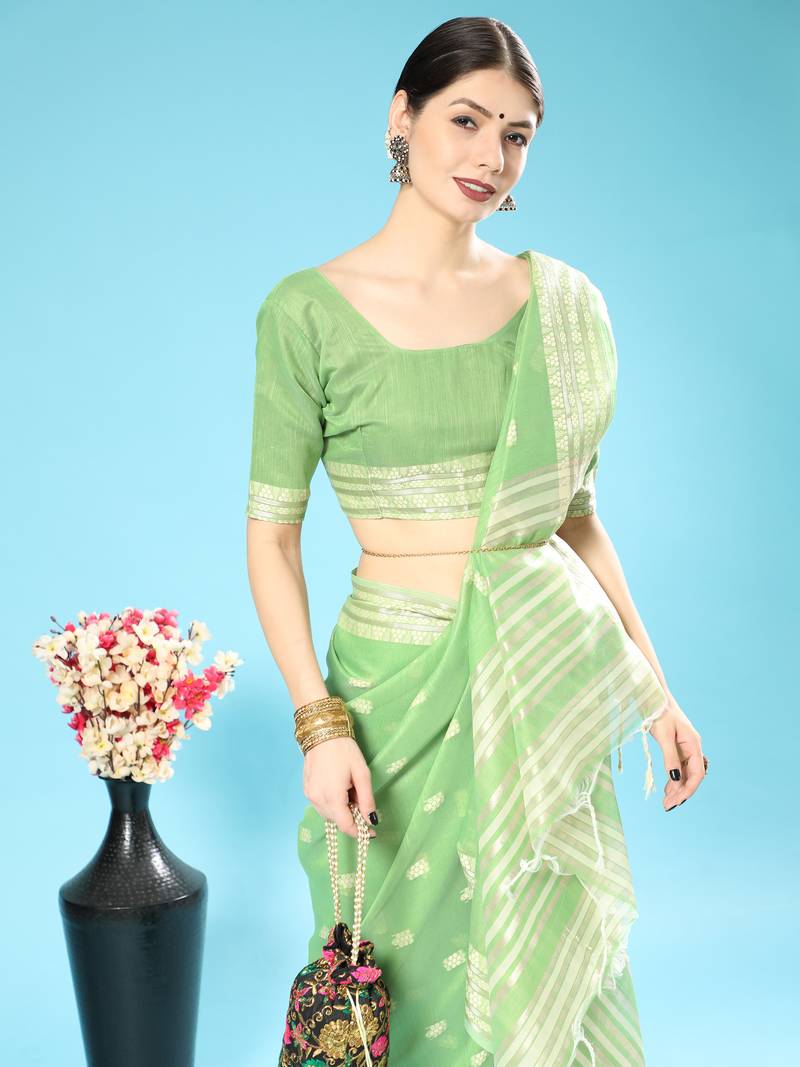 LIGHT GREEN CHANDERI CHIKANKARI PRETTY SAREE