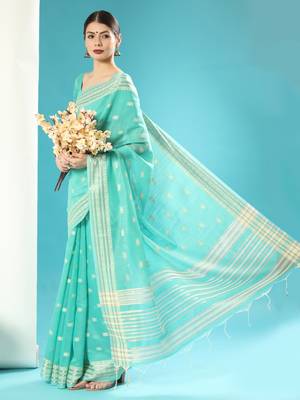 CYAN CHANDERI CHIKANKARI PRETTY SAREE 1