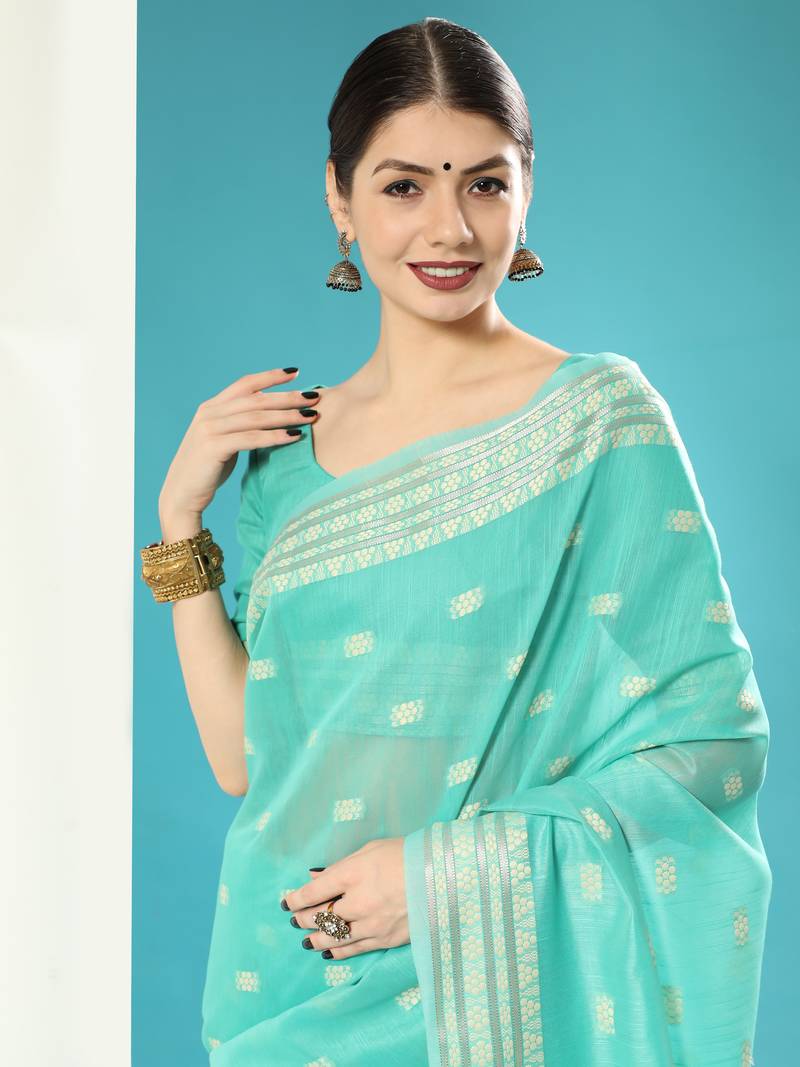 CYAN CHANDERI CHIKANKARI PRETTY SAREE