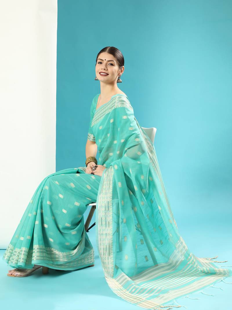 CYAN CHANDERI CHIKANKARI PRETTY SAREE