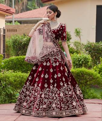 Trendmalls Women's Maroon Velvet Heavy Embroidery Work Wedding Lahenga Choli With Dupatta 3