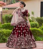 Women's Maroon Velvet Heavy Embroidery Work Wedding Lahenga Choli With Dupatta