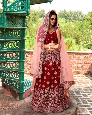 Trendmalls Women's Maroon Velvet Heavy Embroidery Work Wedding Lahenga Choli With Dupatta 4