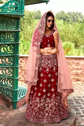 Trendmalls Women's Maroon Velvet Heavy Embroidery Work Wedding Lahenga Choli With Dupatta