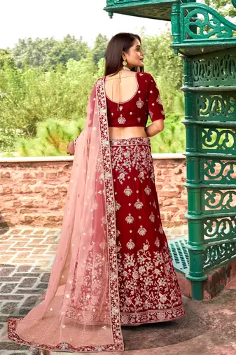 Trendmalls Women's Maroon Velvet Heavy Embroidery Work Wedding Lahenga Choli With Dupatta