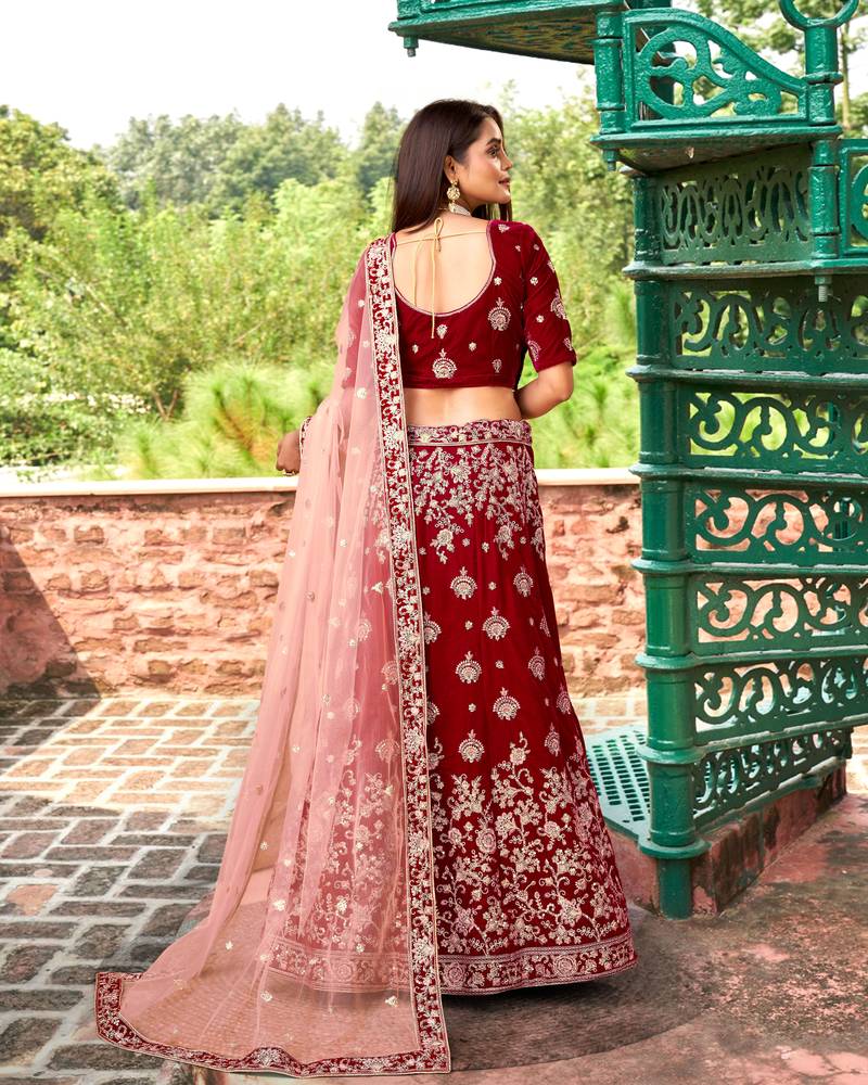 Women's Maroon Velvet Heavy Embroidery Work Wedding Lahenga Choli With Dupatta
