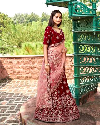 Trendmalls Women's Maroon Velvet Heavy Embroidery Work Wedding Lahenga Choli With Dupatta 6