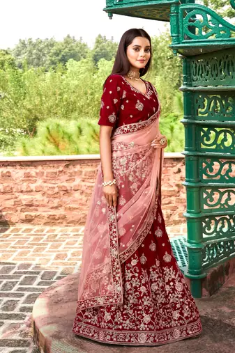 Trendmalls Women's Maroon Velvet Heavy Embroidery Work Wedding Lahenga Choli With Dupatta
