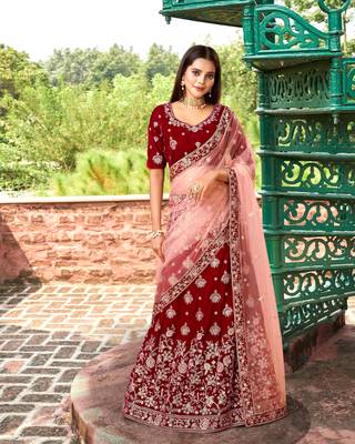 Trendmalls Women's Maroon Velvet Heavy Embroidery Work Wedding Lahenga Choli With Dupatta 7