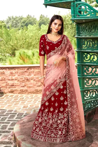 Trendmalls Women's Maroon Velvet Heavy Embroidery Work Wedding Lahenga Choli With Dupatta