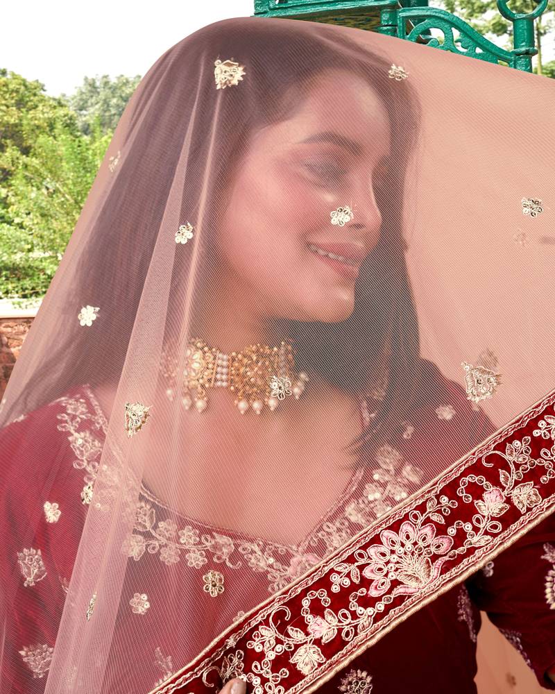 Women's Maroon Velvet Heavy Embroidery Work Wedding Lahenga Choli With Dupatta