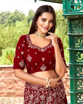Trendmalls Women's Maroon Velvet Heavy Embroidery Work Wedding Lahenga Choli With Dupatta 9