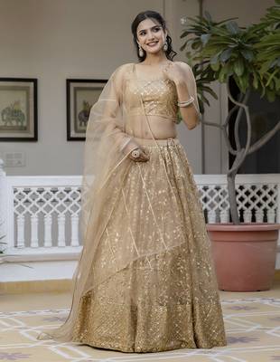 Trendmalls Gold Net Sequin Embroidered Lehenga  1