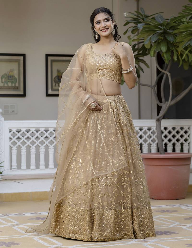 Gold Net Sequin Embroidered Lehenga 