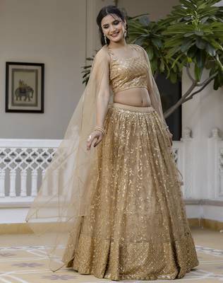Trendmalls Gold Net Sequin Embroidered Lehenga  3