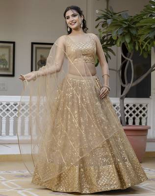 Trendmalls Gold Net Sequin Embroidered Lehenga  4