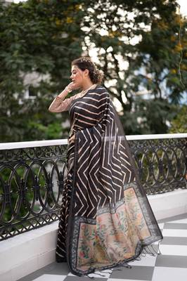BLACK LEHRIYA DESIGN TUSSAR SILK BEAUTIFUL SAREE  2