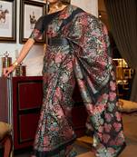  Women'S Black Kaazi Silk Blend Kashmiri Handloom Weaving Traditional Saree With Blouse 