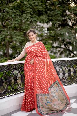 RED LEHRIYA DESIGN TUSSAR SILK BEAUTIFUL SAREE  1