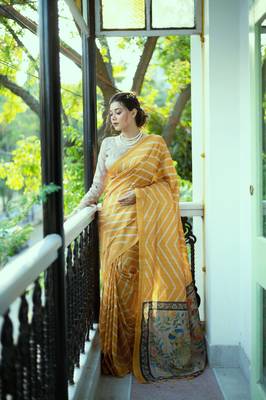 YELLOW LEHRIYA DESIGN TUSSAR SILK BEAUTIFUL SAREE  3