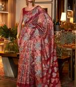 Maroon Kaazi Silk Blend Kashmiri Handloom Weaving Traditional Saree With Blouse For Women