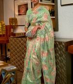 Green Kaazi Silk Blend Kashmiri Handloom Weaving Traditional Saree With Blouse For Women