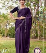 Purple heavy hot fix zarkan stone border & belt work satin silk chiffon party wear with blouse
