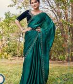 Rama green heavy hot fix zarkan stone border & belt work satin silk chiffon party wear with blouse