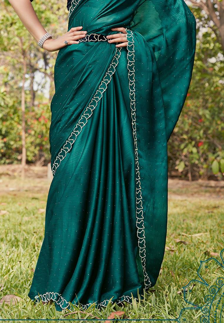 Rama green heavy hot fix zarkan stone border & belt work satin silk chiffon party wear with blouse