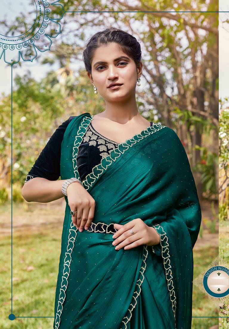 Rama green heavy hot fix zarkan stone border & belt work satin silk chiffon party wear with blouse