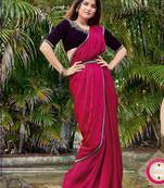 Magenta heavy hot fix zarkan stone border & belt work satin silk chiffon party wear with blouse