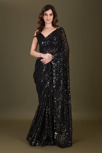  Black Heavy Georgette Embroidery Sequence Fancy Work Party Wear Saree With Blouse
