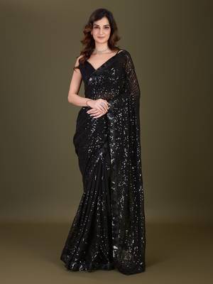 Trendmalls  Black Heavy Georgette Embroidery Sequence Fancy Work Party Wear Saree With Blouse 1