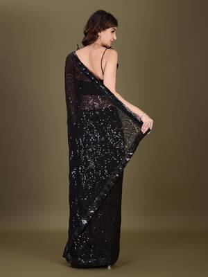 Trendmalls  Black Heavy Georgette Embroidery Sequence Fancy Work Party Wear Saree With Blouse 2
