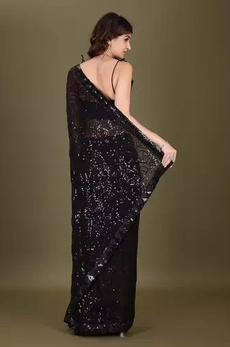 Trendmalls  Black Heavy Georgette Embroidery Sequence Fancy Work Party Wear Saree With Blouse