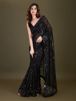 Trendmalls  Black Heavy Georgette Embroidery Sequence Fancy Work Party Wear Saree With Blouse 3