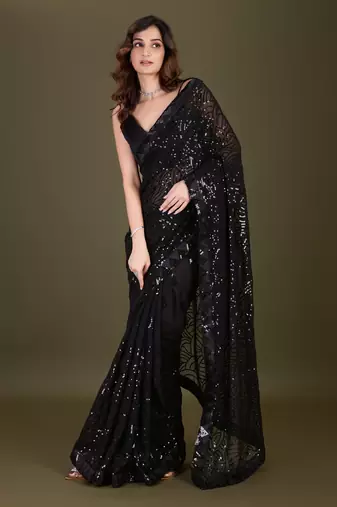 Trendmalls  Black Heavy Georgette Embroidery Sequence Fancy Work Party Wear Saree With Blouse