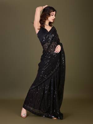 Trendmalls  Black Heavy Georgette Embroidery Sequence Fancy Work Party Wear Saree With Blouse 4