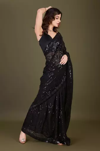 Trendmalls  Black Heavy Georgette Embroidery Sequence Fancy Work Party Wear Saree With Blouse