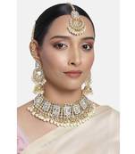 Traditional handcrafted faux kundan & pearl studded bridal necklace set with earrings & maang tikka