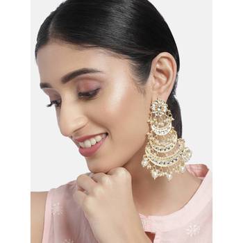 High matt finish long 3 layered beaded chandbali earrings with kundan & pearl work for women 1