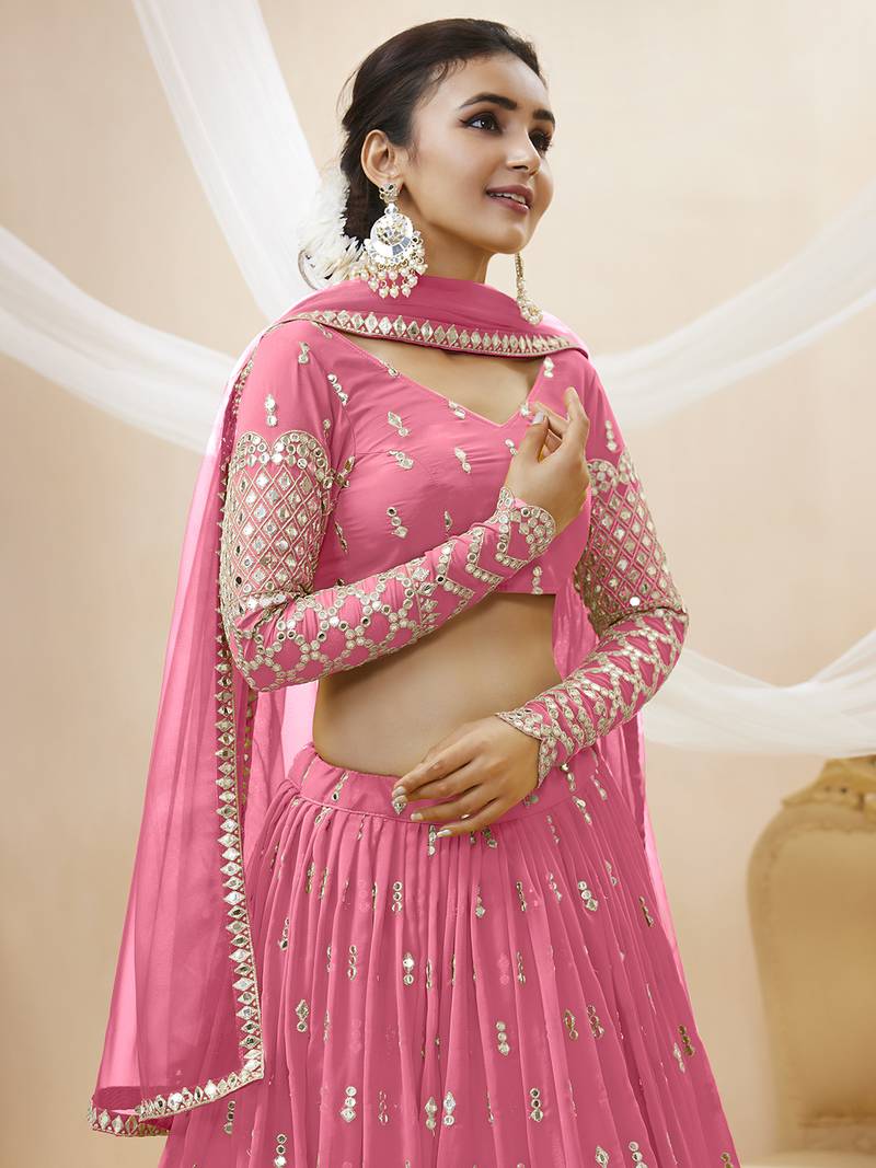 Alluring Pink Sequins Georgette Bridesmaid Lehenga Choli With Dupatta