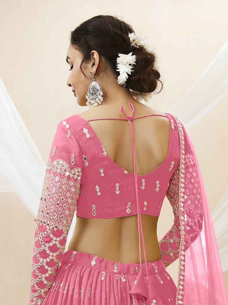 Alluring Pink Sequins Georgette Bridesmaid Lehenga Choli With Dupatta