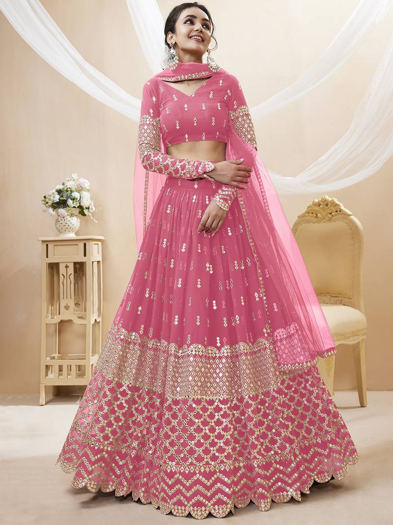 Alluring Pink Sequins Georgette Bridesmaid Lehenga Choli With Dupatta