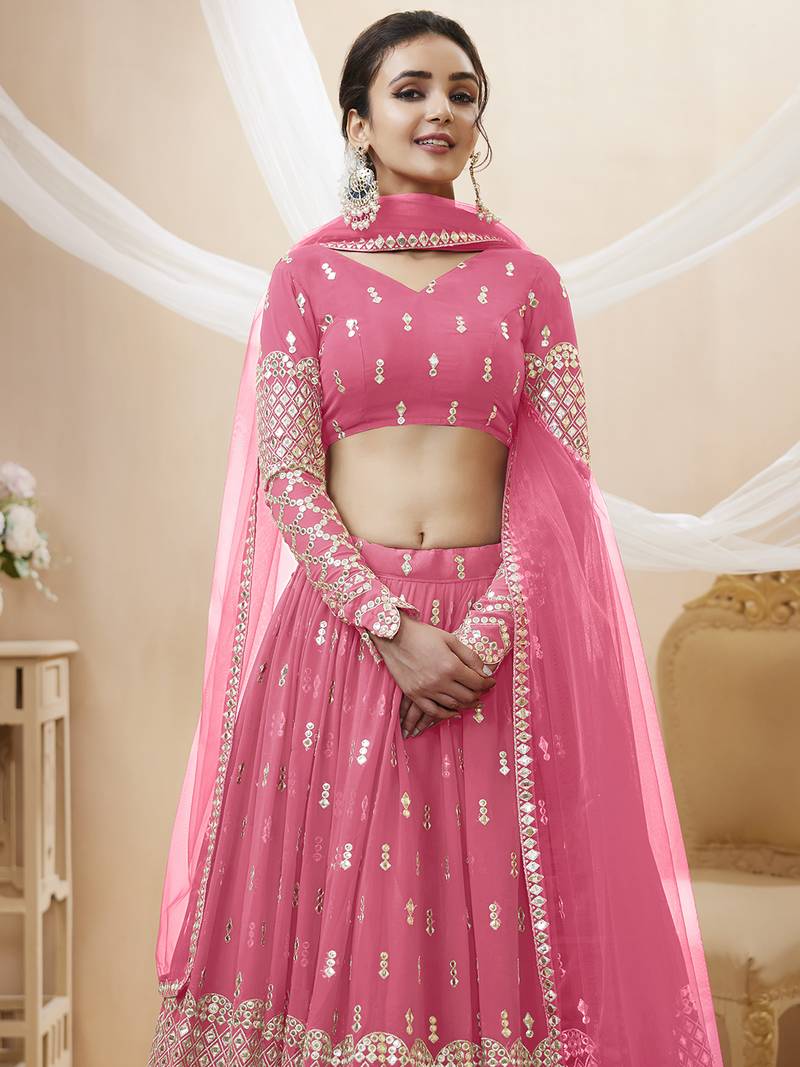 Alluring Pink Sequins Georgette Bridesmaid Lehenga Choli With Dupatta