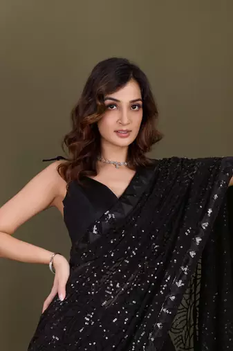 Trendmalls  Black Heavy Georgette Embroidery Sequence Fancy Work Party Wear Saree With Blouse