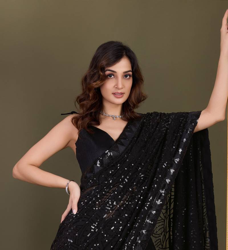  Black Heavy Georgette Embroidery Sequence Fancy Work Party Wear Saree With Blouse