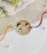 The Magic Wand Trendy Brother Sister Printed Golden Rakhi With Pearls Embelishment-Golden